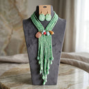 Marbled Green and Stone Bead Tassel Y Necklace
