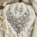 Silver Glass Crystal Floral Large Bib Necklace Set