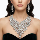 Silver Glass Crystal Floral Large Bib Necklace Set