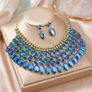 Blue Oval Glass Crystal 6 Row Formal Necklace Set