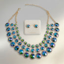 Green Glass Halo Crystal 3 Row Collar Necklace