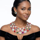 Multicolor Glass Halo Crystal 3 Row Collar Necklace