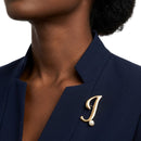 Gold Cursive J Initial Letter Pearl Brooch Pin