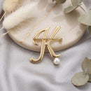 Gold Cursive K Initial Letter Pearl Brooch Pin