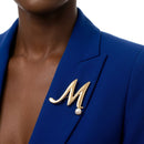 Gold Cursive M Initial Letter Pearl Brooch Pin