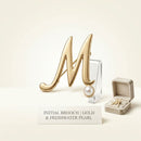 Gold Cursive M Initial Letter Pearl Brooch Pin