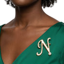 Gold Cursive N Initial Letter Pearl Brooch Pin