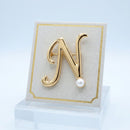 Gold Cursive N Initial Letter Pearl Brooch Pin