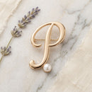 Gold Cursive P Initial Letter Pearl Brooch Pin