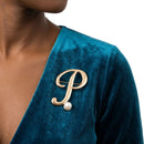 Gold Cursive P Initial Letter Pearl Brooch Pin