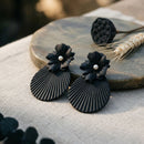 Large Stud Black Flower Fanned Teardrop Earrings